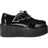 Black 7,5 cm CREEPER-205 platform creepers women - rockabilly shoes with bat wings