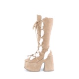 Fur brown 13 cm CAMEL-311 chunky heel platform boots